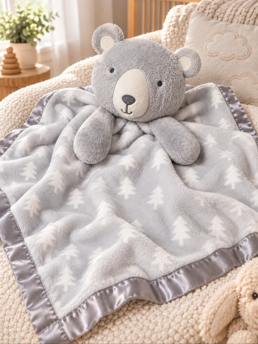 Cloud Island Bear Lovey 28x28 Gray Trees Satin Trim Security Blanket Target